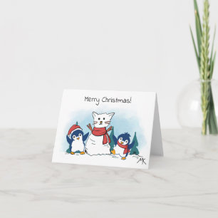 Penguins building a cat snowman winter holiday card