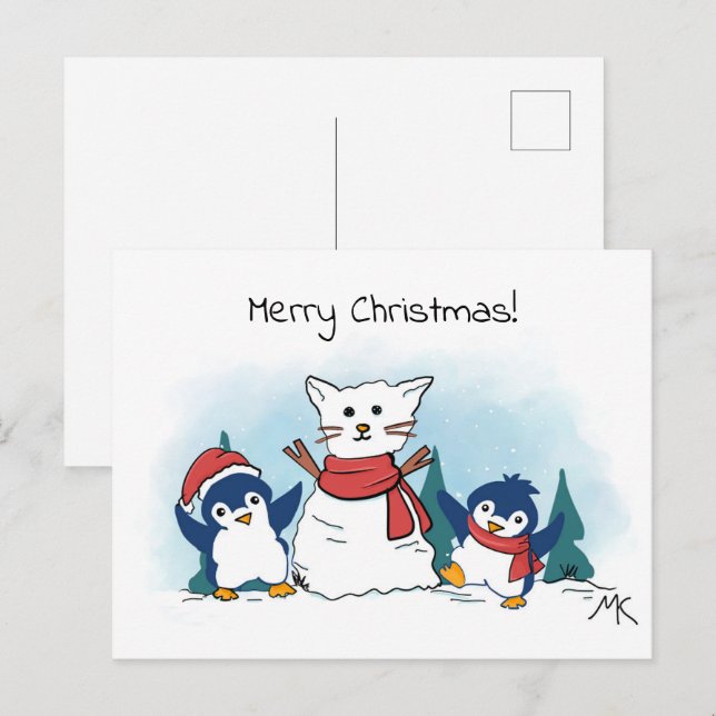Penguins building a snowman christmas  holiday postcard (Front/Back)
