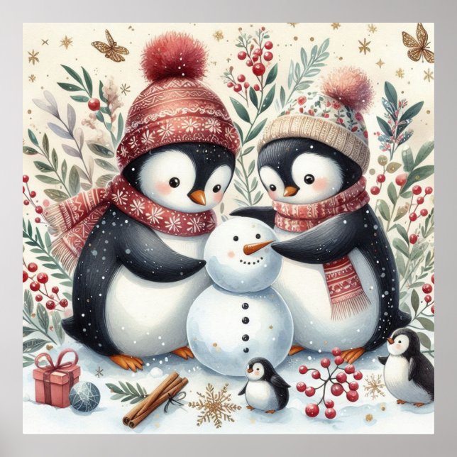 Penguins Building A Snowman Poster (Front)
