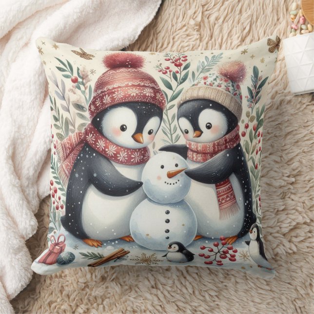 Penguins Building A Snowman Throw Pillow (Blanket)