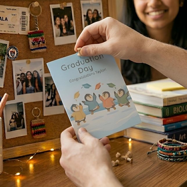 Penguins Celebrating Graduation | Personalized Card (Lifestyle Shot (Personalised))