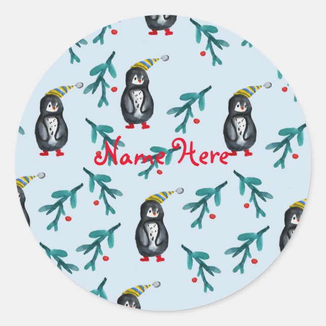 Penguins Christmas Art Classic Round Sticker (Front)