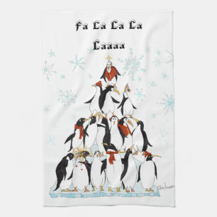 Penguins Christmas Tree Comic Illustration Kitchen Towel