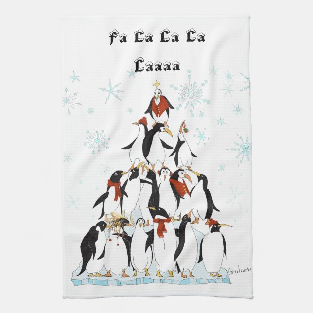 Penguins Christmas Tree Comic Illustration Kitchen Towel (Vertical)