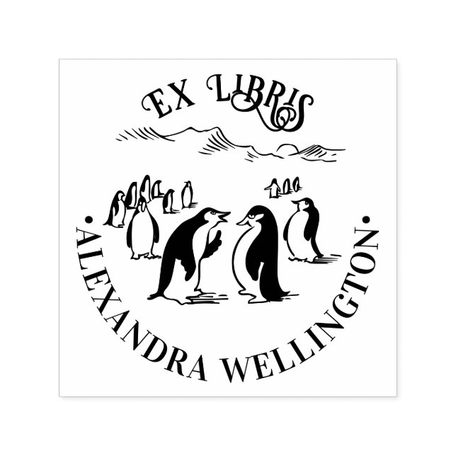 Penguins Ex Libris Library Book Name #1 Round Self-inking Stamp (Design)
