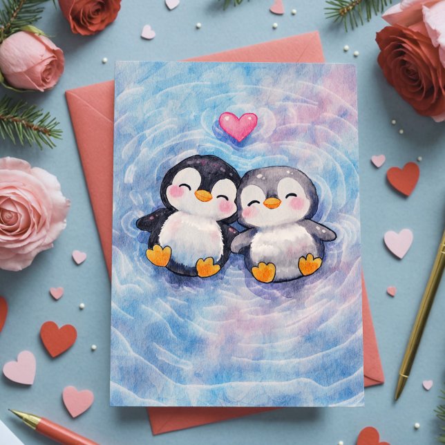 Penguins Float In Love Sweet Watercolor Valentine Card (Sweet watercolor Valentine card featuring loyal penguin pair, symbolizing love and devotion.)