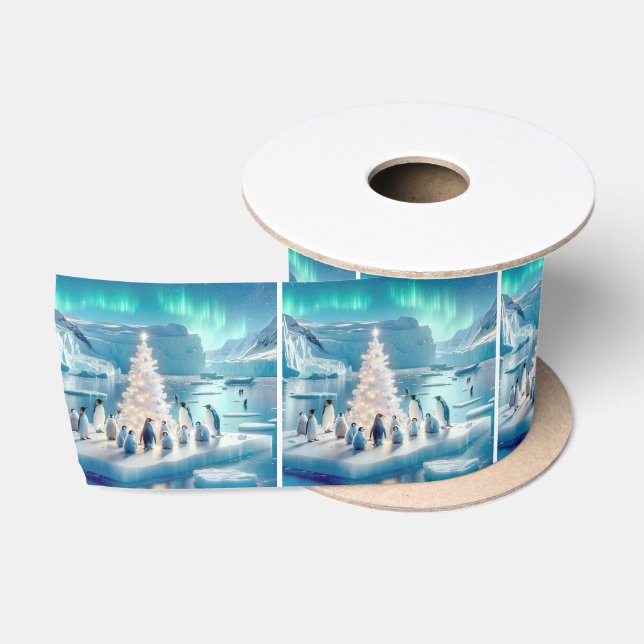 Penguins Gathered Around a Christmas Tree Satin Ribbon (Spool)