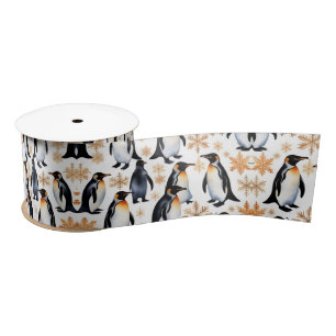 Penguins & Golden Stars Winter Holidays Art  Satin Ribbon