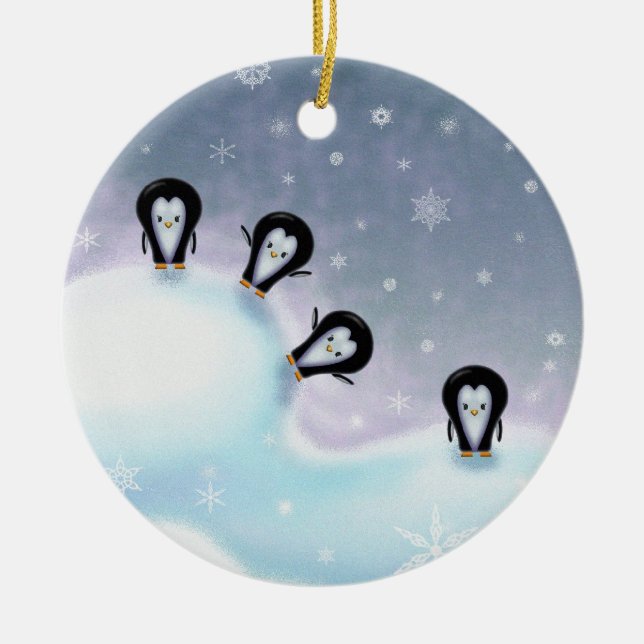 Penguins Having Fun Christmas Ornament (Front)