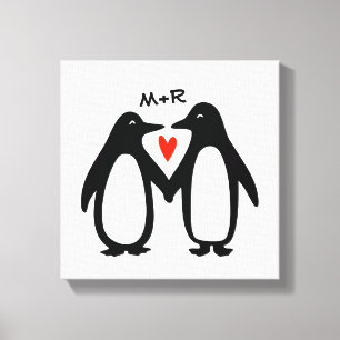 Penguins Holding Hands Cute Couple Custom Initials Canvas Print