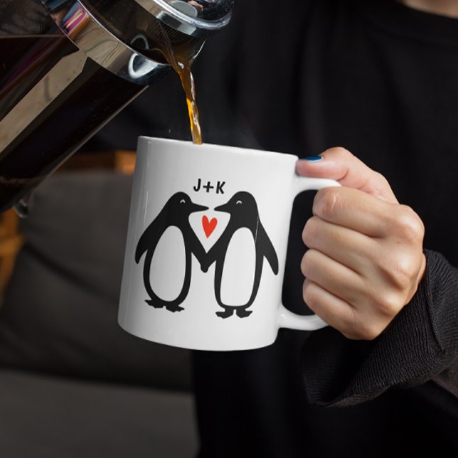 Penguins Holding Hands Cute Couple Custom Initials Coffee Mug (Creator Uploaded)