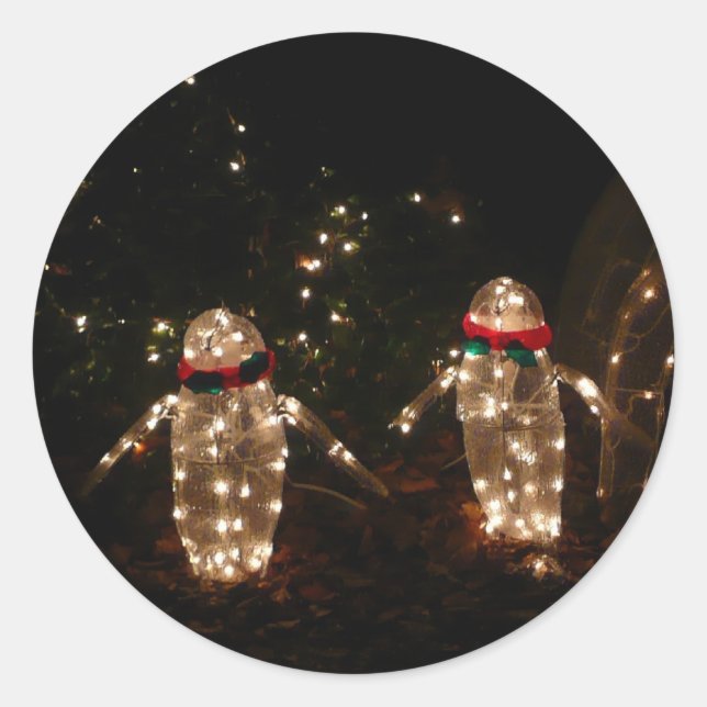 Penguins Holiday Light Display Classic Round Sticker (Front)