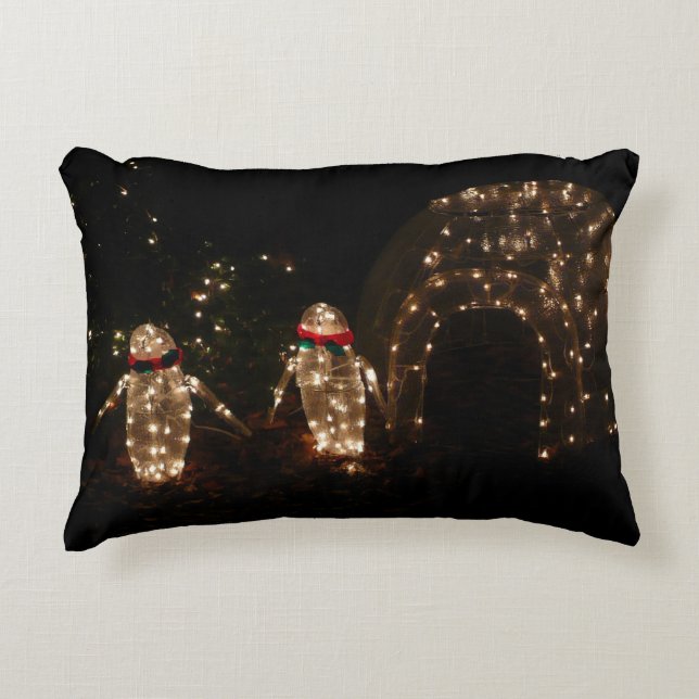 Penguins Holiday Light Display Decorative Pillow (Front)