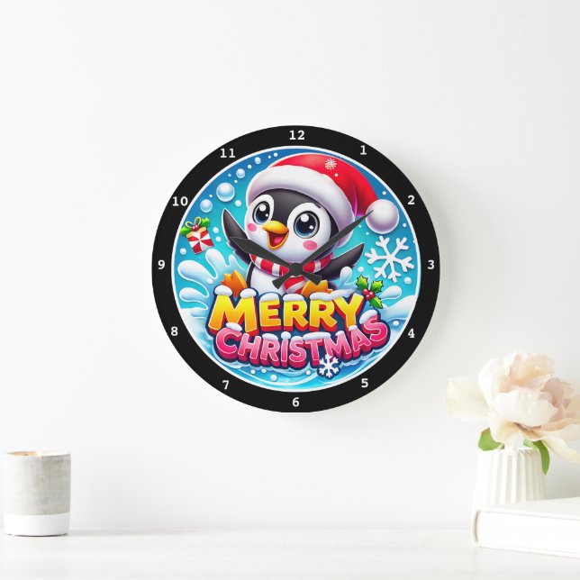 Penguin's Holiday Spirit" - Cheerful Christmas  Large Clock (Home)