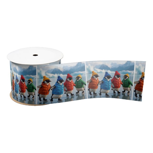 Penguins Ice Skating On an Arctic Lake Satin Ribbon (Spool)