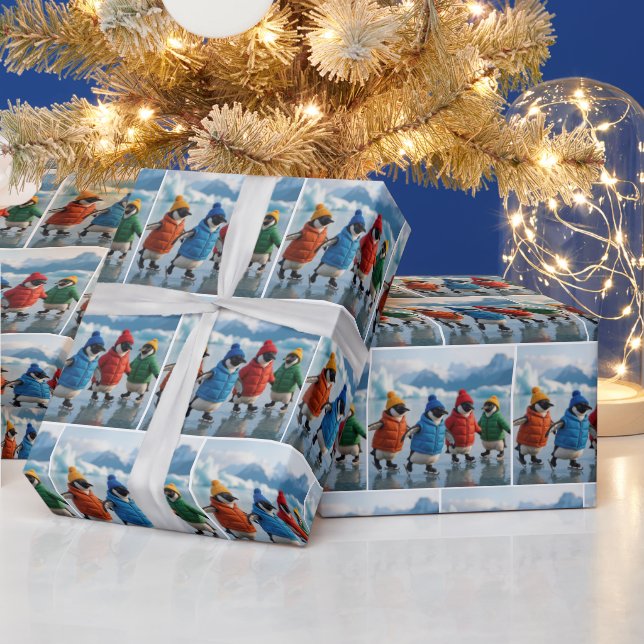 Penguins Ice Skating On an Arctic Lake Wrapping Paper (Holidays)