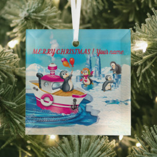 penguins in Antarctica   Glass Ornament