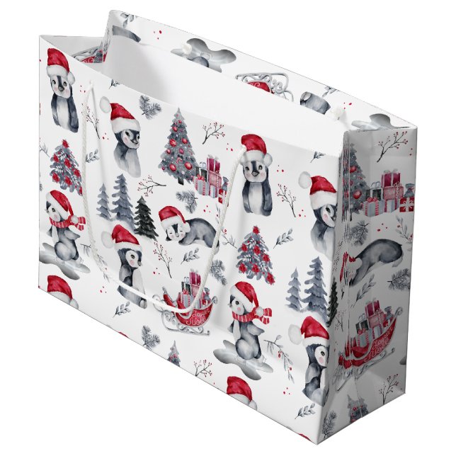 Penguins in Santa Hats Winter Scene Pattern Large  Gift Bag (Front Angled)