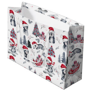 Penguins in Santa Hats Winter Scene Pattern Large Large Gift Bag