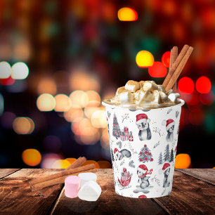 Penguins in Santa Hats Winter Scene Pattern Paper Cups