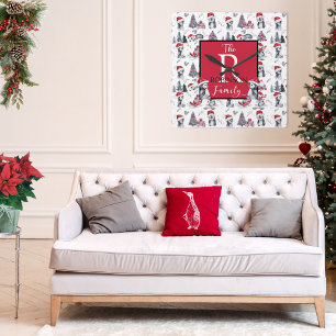 Penguins in Santa Hats Winter Scene Pattern Square Wall Clock