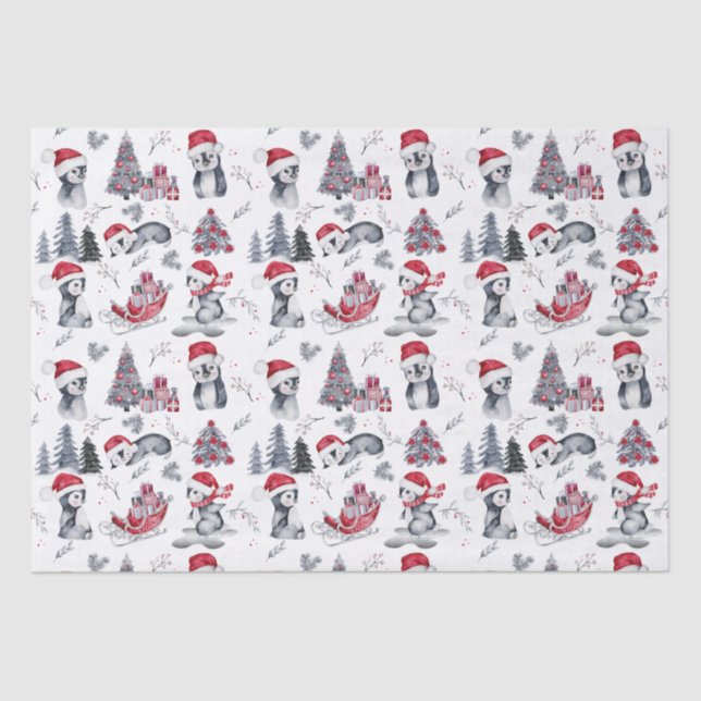 Penguins in Santa Hats Winter Scene Pattern  Tissue Paper (Front)