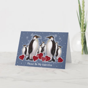 Penguins In Snow: Heart: Valentine Holiday Card