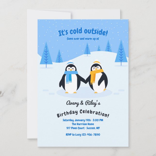 Penguins in the Snow Birthday Party Invitation (Front)
