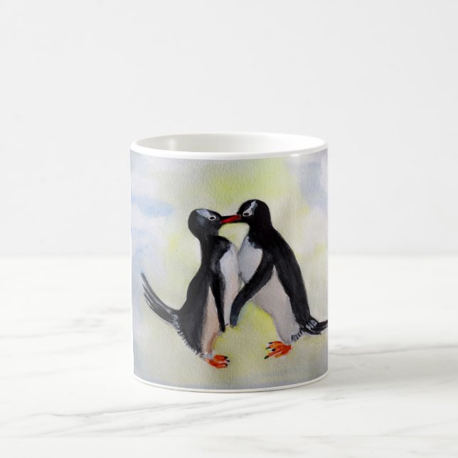 Penguins Kiss  Watercolor Drawing  Mug (Center)