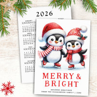 Penguins Merry Bright White Red Modern Christmas