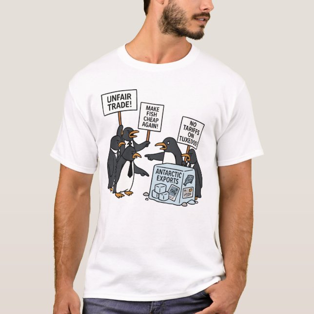Penguins Protest Against Tariffs Funny Penguin T-Shirt (Front)