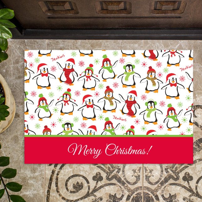 Penguins Red and Green Pattern Merry Christmas Doormat (Creator Uploaded)