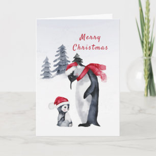 Penguins Red Scarf Santa Hat Watercolor Christmas Holiday Card