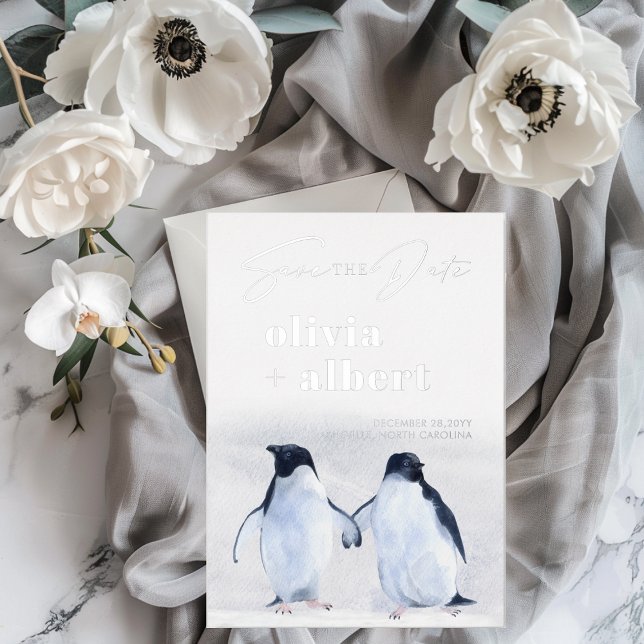 Penguins Silver Winter Elegant Save The Date (Penguins Silver Winter Elegant Save The Date Foil Invitation)