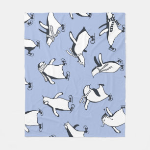 Penguins skating, hand-drawn vintage pattern fleece blanket