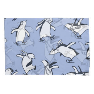 Penguins skating, hand-drawn vintage pattern pillowcase