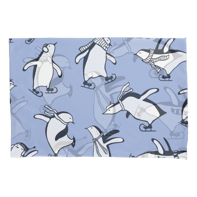 Penguins skating, hand-drawn vintage pattern pillowcase (Front)