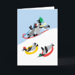 Penguins Sledding Custom Card<br><div class="desc">Just plain fun! A snowy image of penguins sledding.  It's adorable! The original design by artist,  dag dart is so very whimsical and joyous.  The card can be customized.  You can change the inside greeting to whatever you like.</div>