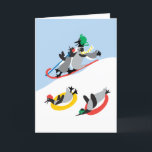 Penguins Sledding Custom Card<br><div class="desc">Just plain fun! A snowy image of penguins sledding. It's adorable! The original design by artist, dag dart is so very whimsical and joyous. The card can be customized. You can change the inside greeting to whatever you like.</div>