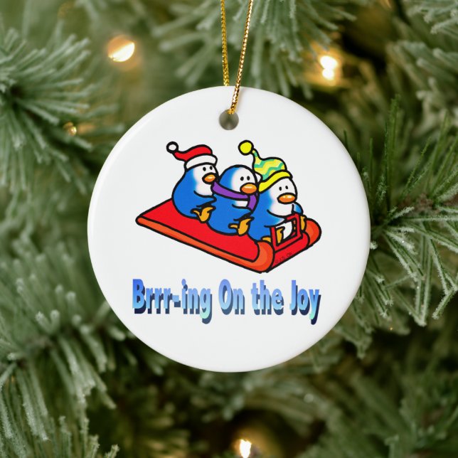 Penguins Sledding Winter Holiday Scene Ceramic Ornament (Tree)