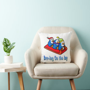 Penguins Sledding Winter Holiday Scene Throw Pillow