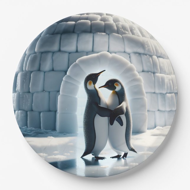 Penguins Slow Dancing By Igloo Paper Plate (Front)