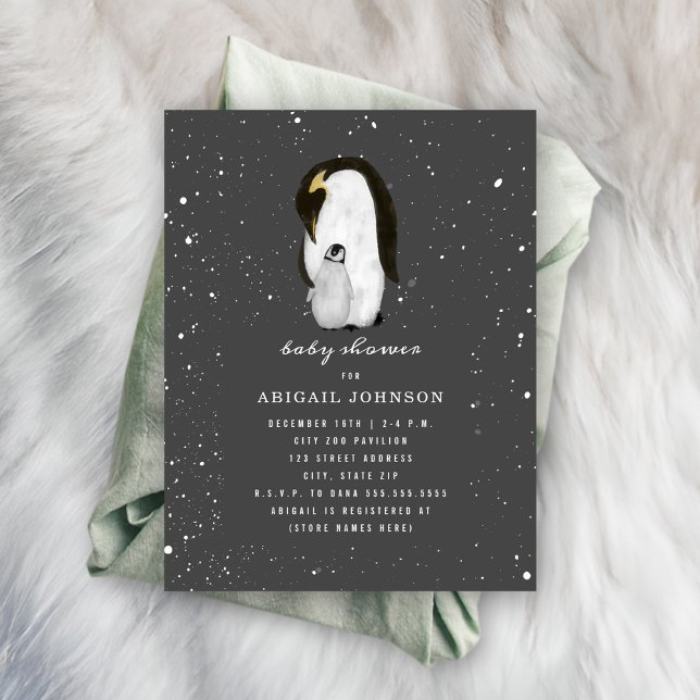 Penguins Snow Dark Grey Winter Baby Shower Invitation (Creator Uploaded)