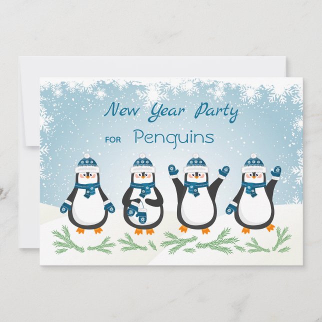 Penguins, snowflakes New Year Invitation (Front)