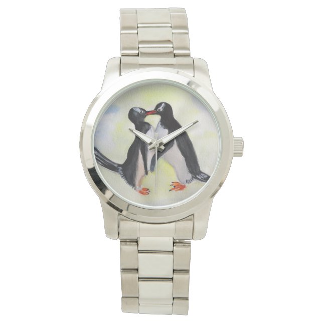 Penguins Time For Kiss Oversized Silver Bracelet Watch (Front)
