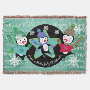 Penguins Typography Merry Christmas Holiday Throw Blanket