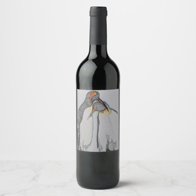 Penguins, Wine bottle labels, couple, Artwork, Art Wine Label (Front)