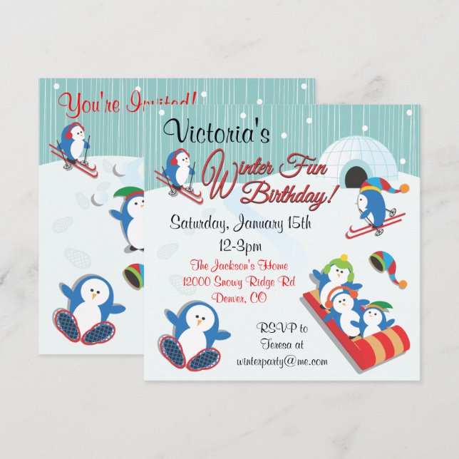 Penguin's Winter Fun Birthday Invitations (Front/Back)