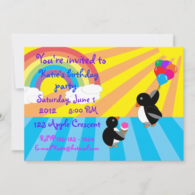 Penguins with ice cream and balloons invitation (Front)