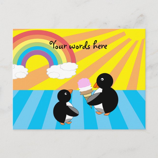 Penguins with ice cream and rainbow postcard (Front)